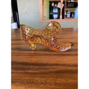 Vintage FENTON? Art Glass Amber Hobnail Shoe Slipper W/Cat Head 5.5"
